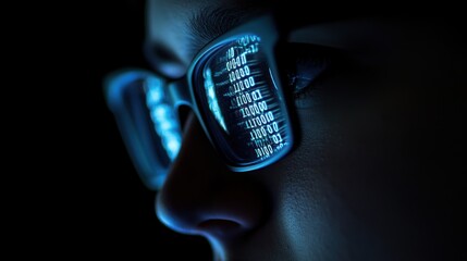 Closeup of a Person Looking at a Computer Screen with Binary Code Reflected in Their Glasses