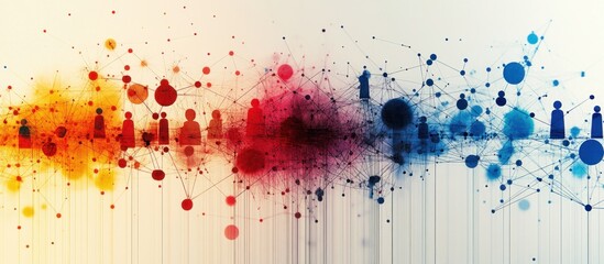 Wall Mural - abstract network background with connected dots and lines in red, blue, and yellow.