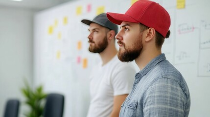 Two co founders deeply engrossed in strategic planning using a whiteboard and sticky notes to map out their startup s vision and next moves