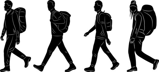 Wall Mural - people with backpacks walking one after another, silhouette, vector