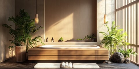 Wall Mural - Modern bathroom with a bathtub, plants, and wood.