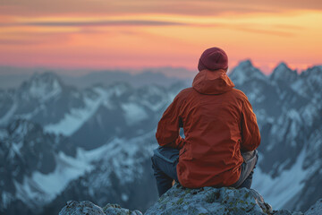 A man who hikers enjoy a break look at the top of the mountain at sunset adventure travel.