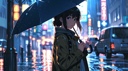 Wall Mural - beautiful anime woman carrying an umbrella in the rain.