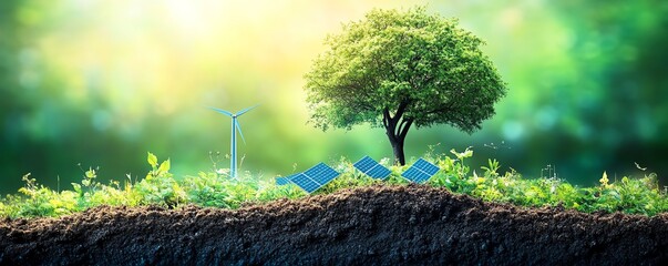 Poster - A compelling ecofriendly concept featuring sustainable energy solutions like solar panels and wind turbines, symbolizing a greener future
