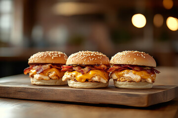 Three juicy tasty hamburgers lie on a wooden table in a bar or cafe.