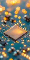 Fototapete - Close-Up Circuit Board Macro with Glowing Elements and Metallic Components