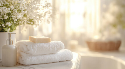 Poster - A serene bathroom scene with towels, soap, and flowers, evoking relaxation and cleanliness.