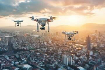 Aerial view of city from above, with two drones flying in formation