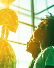 Poster - Diverse Children Engaged with Humanoid Robot in Modern Office - Daytime Robotics and AI Interaction