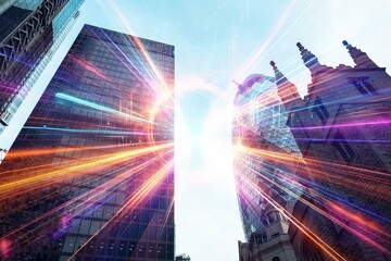 Glass buildings with bright colorful light streaks in the sky, viewed from below.