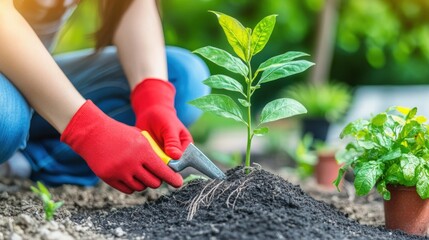 A person wearing red gardening gloves plants a seedling in the ground.