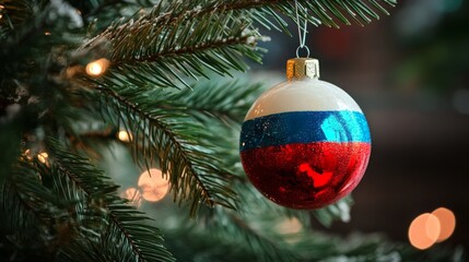 stunning close-up photograph of a beautifully crafted ornament hanging on a christmas tree, painted in the vibrant colors of the russian flag—red, white, and blue—with sparkling glitter