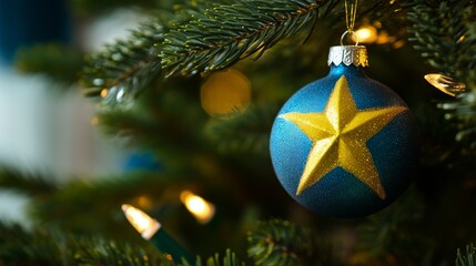 exquisite close-up of a christmas tree adorned with a vibrant blue and yellow star ornament, captured using focus stacking technique in natural light for high-resolution photography that brings