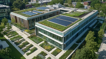 A modern green building with solar panels and a living rooftop garden, designed to blend seamlessly with its natural surroundings in an urban setting