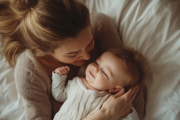 young mother playing with her little daughter on bed, kid with mom in the morning in bedroom, child 