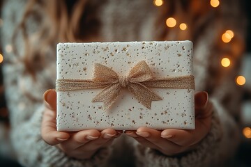 A woman is holding a white gift box with a gold bow on it