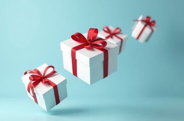 white gift boxes with red satin ribbon flying on a blue background