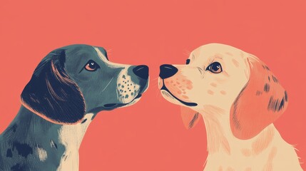 minimalistic illustration of two dogs facing each other, featuring an old grey beagle and a light brown dog with black eyes, set against a pastel pink background, creating a soft and warm mood