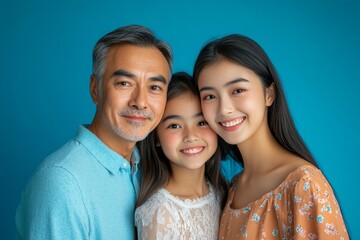 Parents and daughter embracing together posing on blue studio background, smiling at camera. Shot of loving family concept, Generative AI