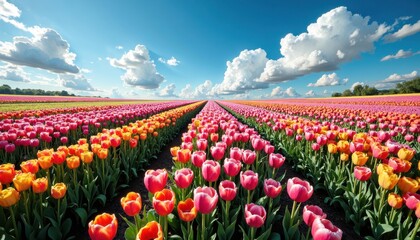 A mesmerizing field of tulips in every color imaginable, stretching towards the horizon under a brilliant blue sky with fluffy white clouds drifting lazily overhead