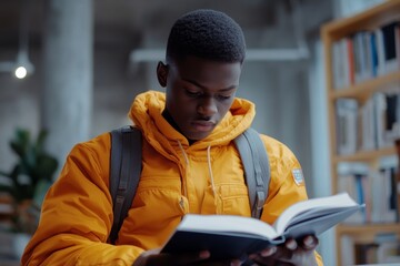 Smart black teenage student in full growth with a book makes notes. Smart teenager writing assignment or term paper, studying remotely indoors, Generative AI