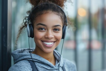 Young african american athletic woman smiling happily wearing headphones, Generative AI