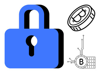 Blue padlock and two Bitcoin cryptocurrency symbols. Ideal for online security digital currency blockchain technology financial transactions and internet encryption. Modern minimalist style