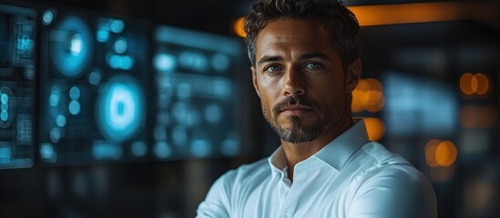 Serious businessman looking directly at the camera with arms crossed. He is wearing a white shirt with a dark background of blurred computer screens.