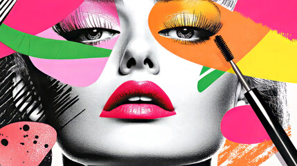 80s retro aesthetics modern collage composition. Creative pop art style poster, print design, advertising concept. Woman’s face with striking cosmetics, makeup and colorful abstract elements