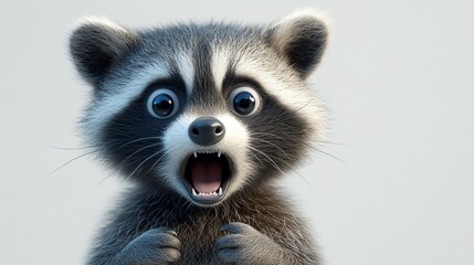 3D raccoon with wide eyes, caught in the act, shocked expression, white background