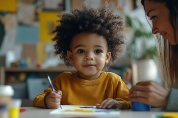 African american little boy painting in kindergarten, sitting at a table with a teacher and holding a paintbrush, a woman is doing arts and crafts with a baby in, Generative AI