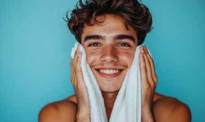 Happy young man wiping his face with white towel looking at camera on blue background in studio, Generative AI