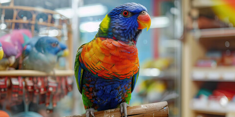 A colorful bird perched on a wooden perch in a pet store, its bright blue feathers and yellow beak drawing attention to its beauty.