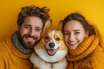 Happy European spouses smiling warmly as they pose with their beloved cute corgi dog, radiating joy against bright yellow background, Generative AI