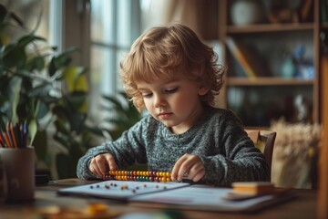 A little boy sits at a desk and does his homework, little boy doing math using abacus while doing homework, Generative AI