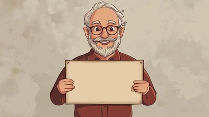 Friendly elderly man in cartoon style, holding a blank sign ready for marketing ideas or announcements