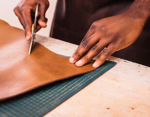 Close-up of a men's shoe craftsman cutting textile leather with precision.generative ai