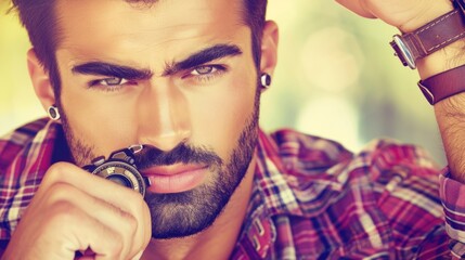 A Close-Up of a Handsome Young Man With a Beard, Holding a Vintage Camera and Wearing a Plaid Shirt