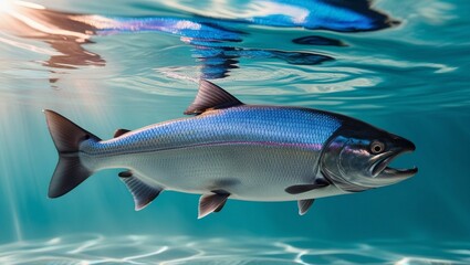 A salmon fish swimming in blue water in the sea 