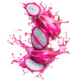 Fresh dragon fruit slices splashing in vibrant pink liquid