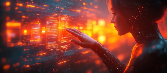 A futuristic scene featuring a person interacting with glowing digital interfaces.