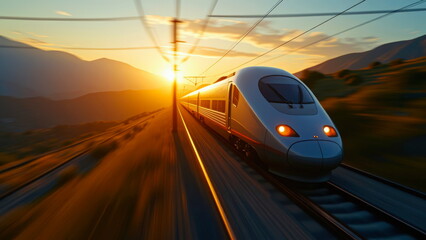 Front view of a modern train traveling in the mountains at sunset