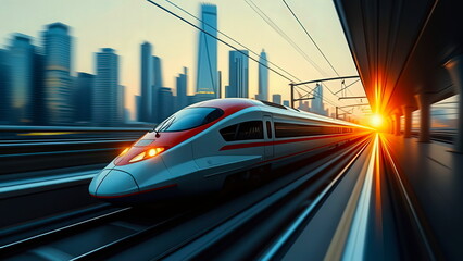 A modern train passes a platform at a railway station in the city at high speed