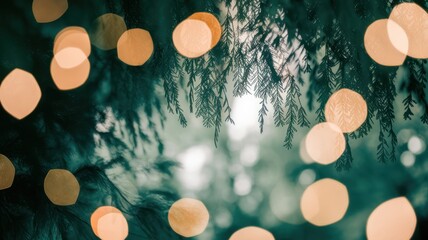 Wall Mural - christmas tree bokeh lights through green foliage, soft focus background.