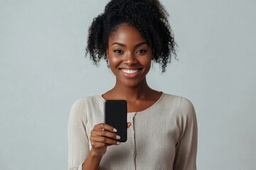 Cheerful black lady pointing at smartphone screen while recommending mobile app advertisement on white background, Generative AI