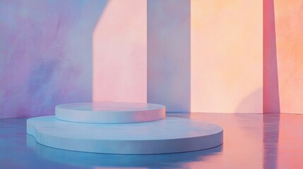 Poster - A circular stage is positioned in a minimalist space, featuring soft pastel tones on the walls that blend harmoniously. Gentle lighting highlights the curves and shapes, creating a serene atmosphere.