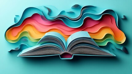 Wall Mural - abstract 3d world book day illustration with paper cut elements showing an open book in bright gradi