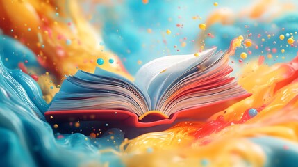 Wall Mural - abstract representation for world book day showcasing a floating open book with vibrant swirling col