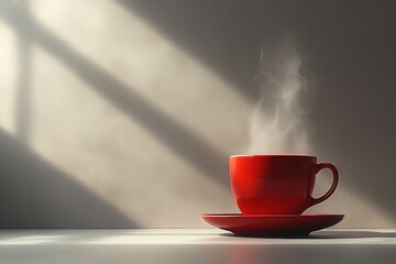 A red coffee cup with steam rising from it sits on a white plate