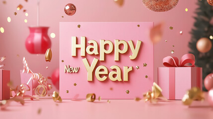 Gold lettering of Happy New Year on the glittering background